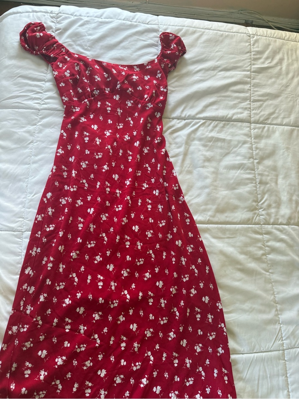 Hollister Red Floral Midi Dress with Puff Sleeves